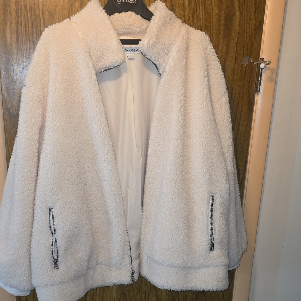 Ava & Viv Teddy Coat Cream With Zipper Closure And Pockets Women's 4x